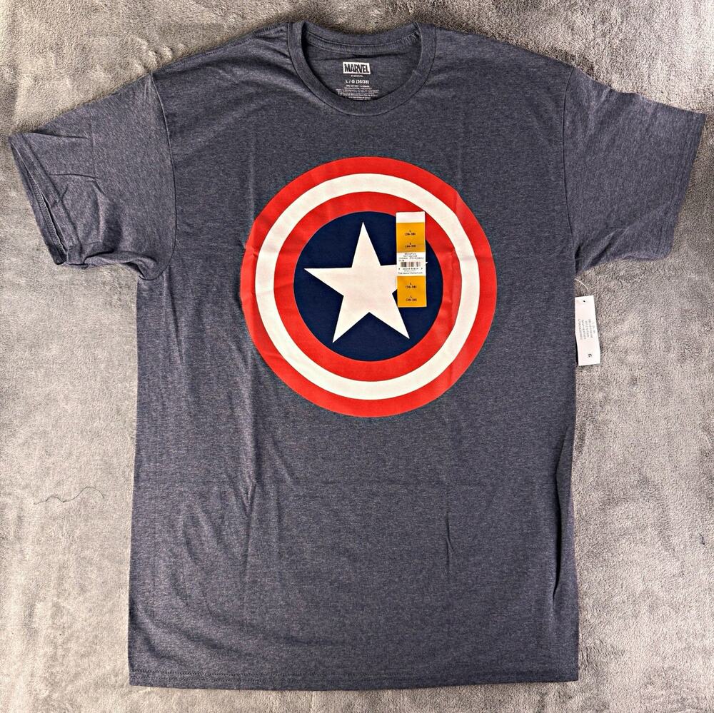 Marvel Captain America Shield Graphic Print Crew Neck T-Shirt Gray Men’s L